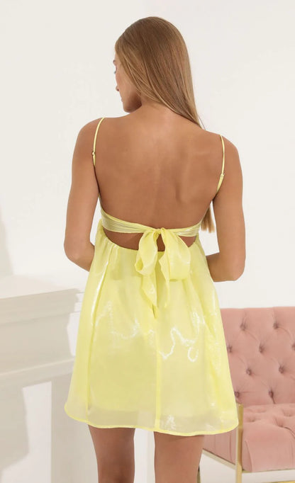 Shiny Organza Baby Doll Dress in Yellow
