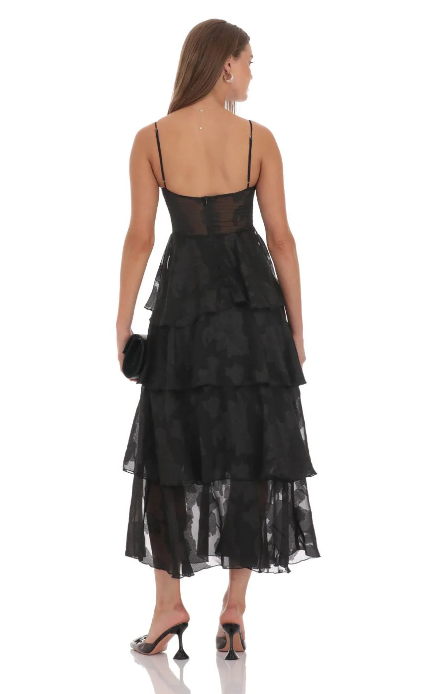 Floral Ruffle A-line Maxi Dress in Black