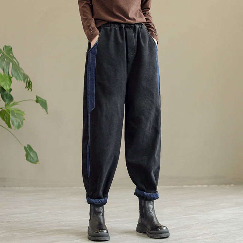 Women Winter Retro Patchwork Fur Jeans