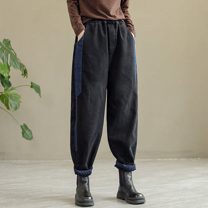 Women Winter Retro Patchwork Fur Jeans