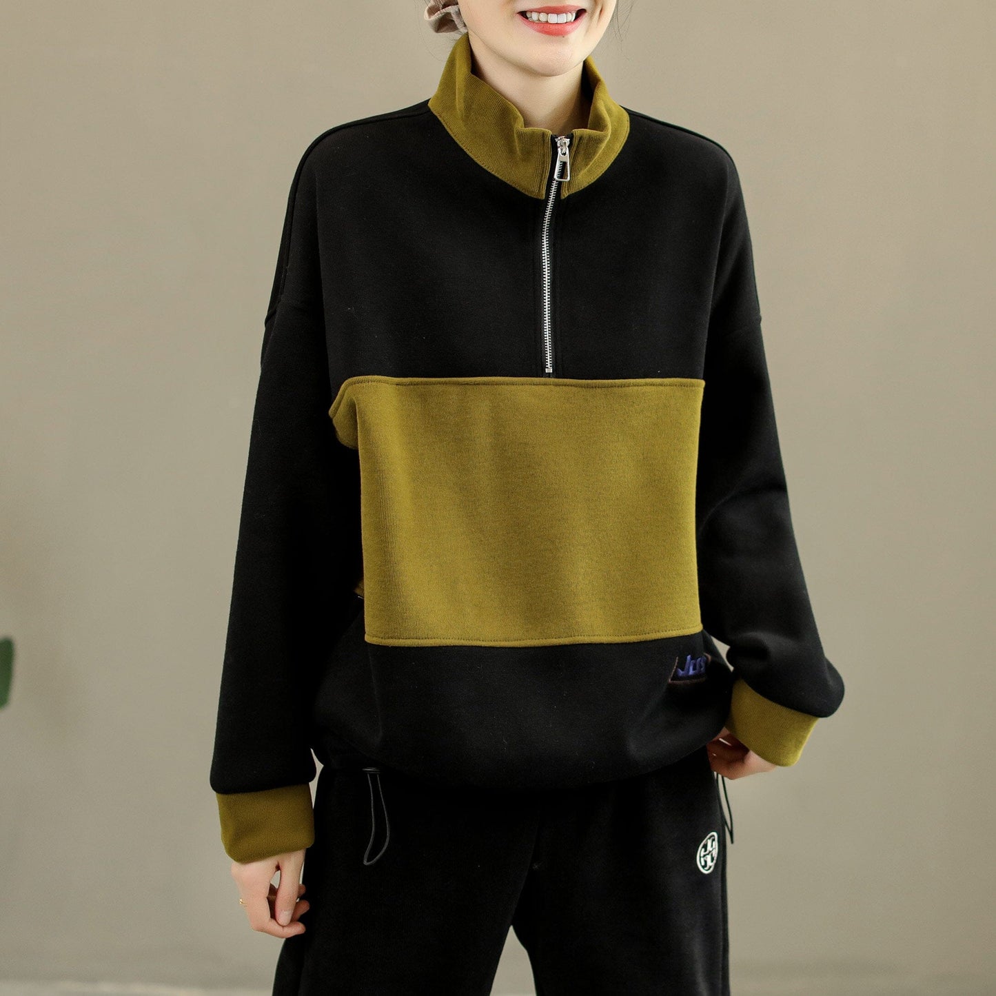 Winter Color Matching Patchwork Zipper Loose Furred Sweater