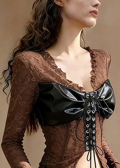 Sexy Coffee Ruffled Lace Up Patchwork Lace T Shirt Tops Spring