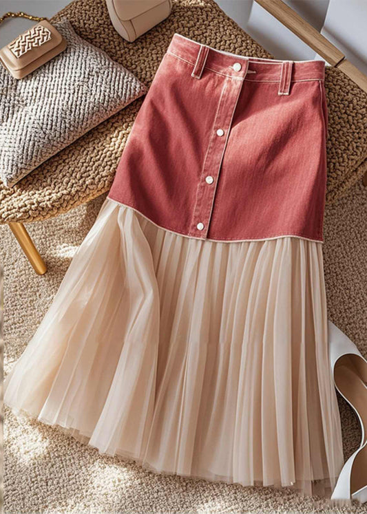 Art Colorblock Patchwork Button High Waist Maxi Skirt Spring