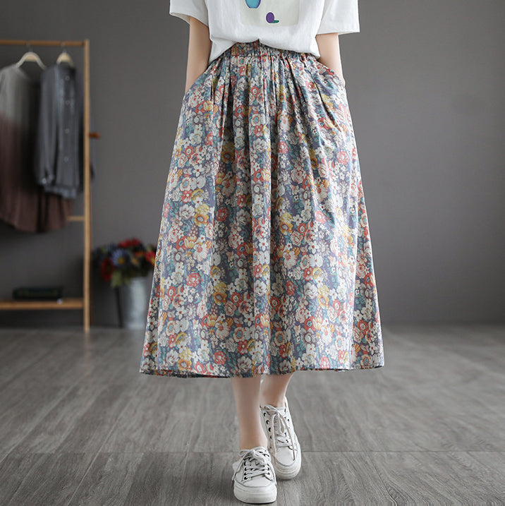 Literary Pleated Elastic Waist Floral A-Line Skirt