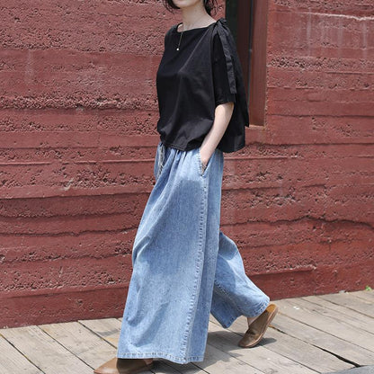 Plus Size - Casual Drawstring Blue Denim Wide Leg Pants