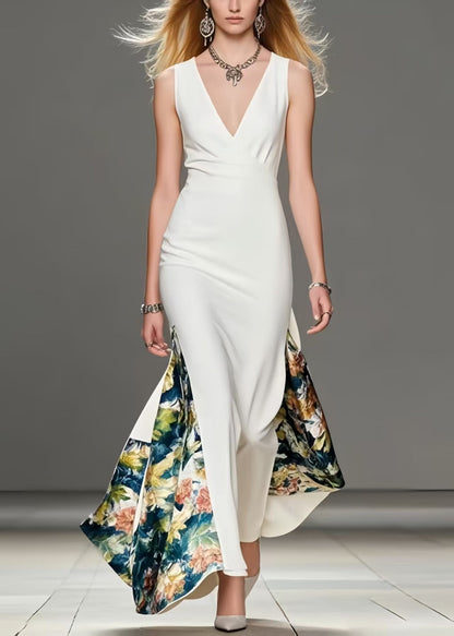 Elegant White Asymmetrical Print Wraped Party Dress Summer