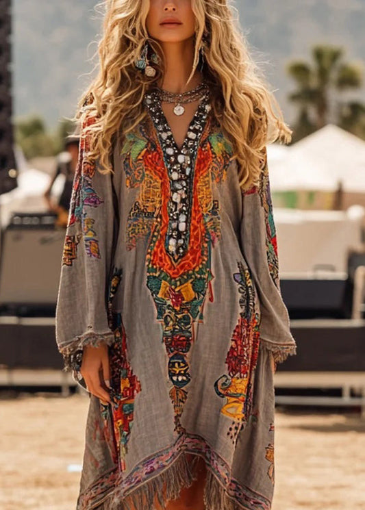 Vintage Grey V Neck Tassel Print Casual Dress Spring