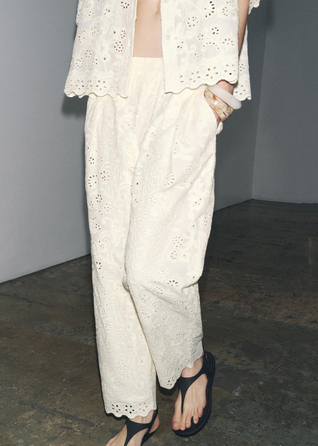 Loose White Embroidered Hollow Out Cotton Two-Piece Set Half Sleeve