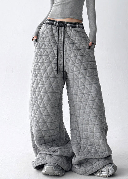 Grey Pockets Cotton Filled Wide Leg Pants Elastic Waist