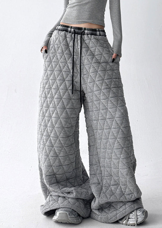 Grey Pockets Cotton Filled Wide Leg Pants Elastic Waist