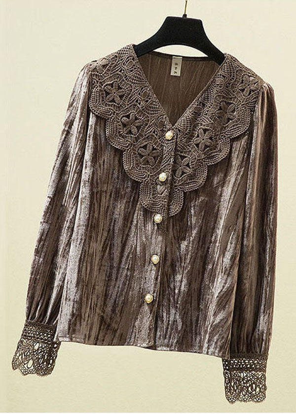 DIY Coffee V Neck Lace Patchwork Silk Velour Shirt Long Sleeve