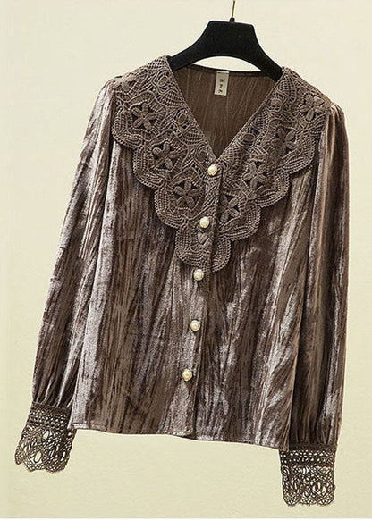 DIY Coffee V Neck Lace Patchwork Silk Velour Shirt Long Sleeve