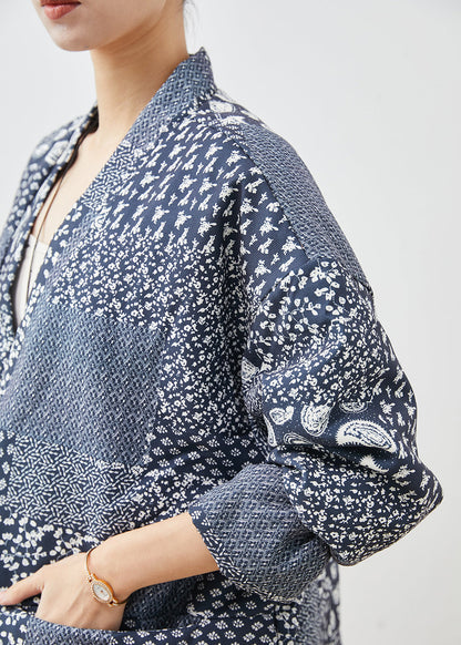 Vintage Navy Oversized Print Linen Coat Spring