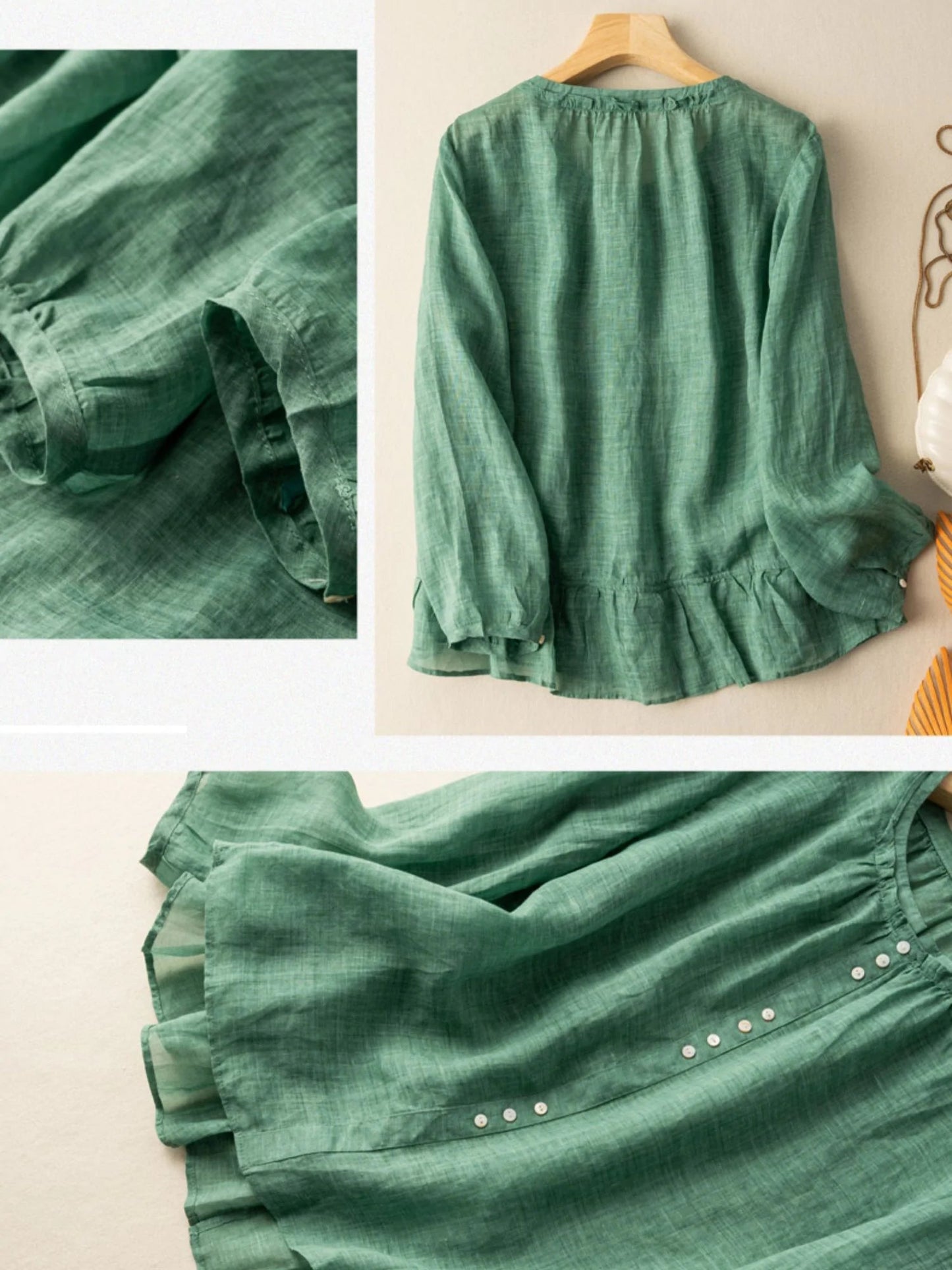 Pure Color Crew Neck Long Sleeve Casual Linen Top