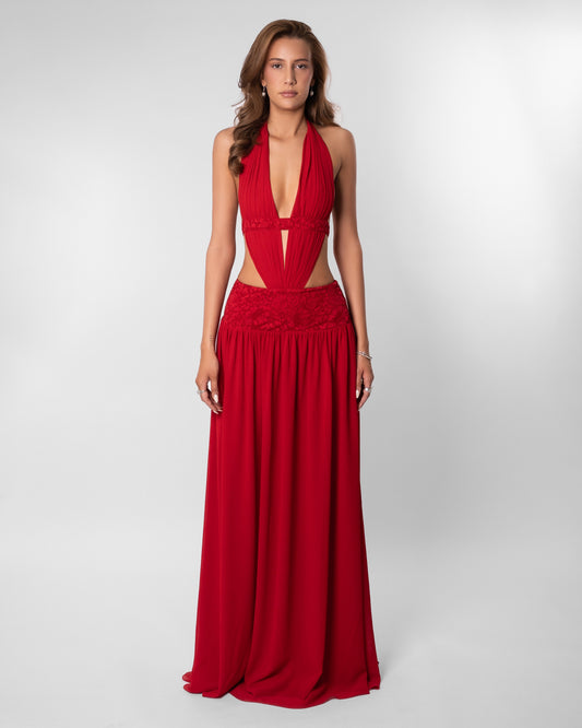 Red Halter Cutout Chiffon Maxi Evening Gown