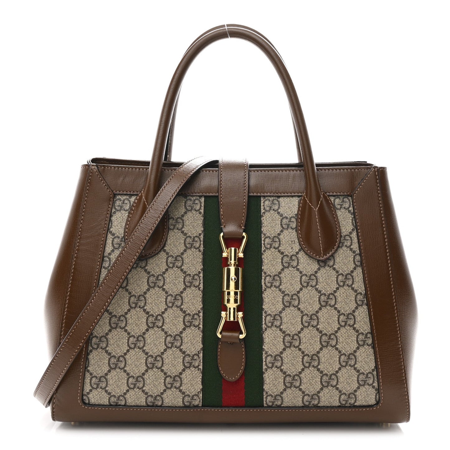 GG Supreme Monogram Azalea Calfskin Web Medium Jackie 1961 Tote Beige Ebony Brown Sugar