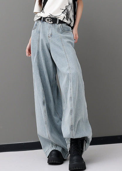 Women Blue Pockets Patchwork Denim Wide Leg Pants Fall