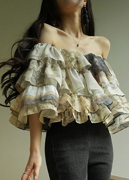 French Cold Shoulder Ruffled Print Chiffon Shirt Half Sleeve
