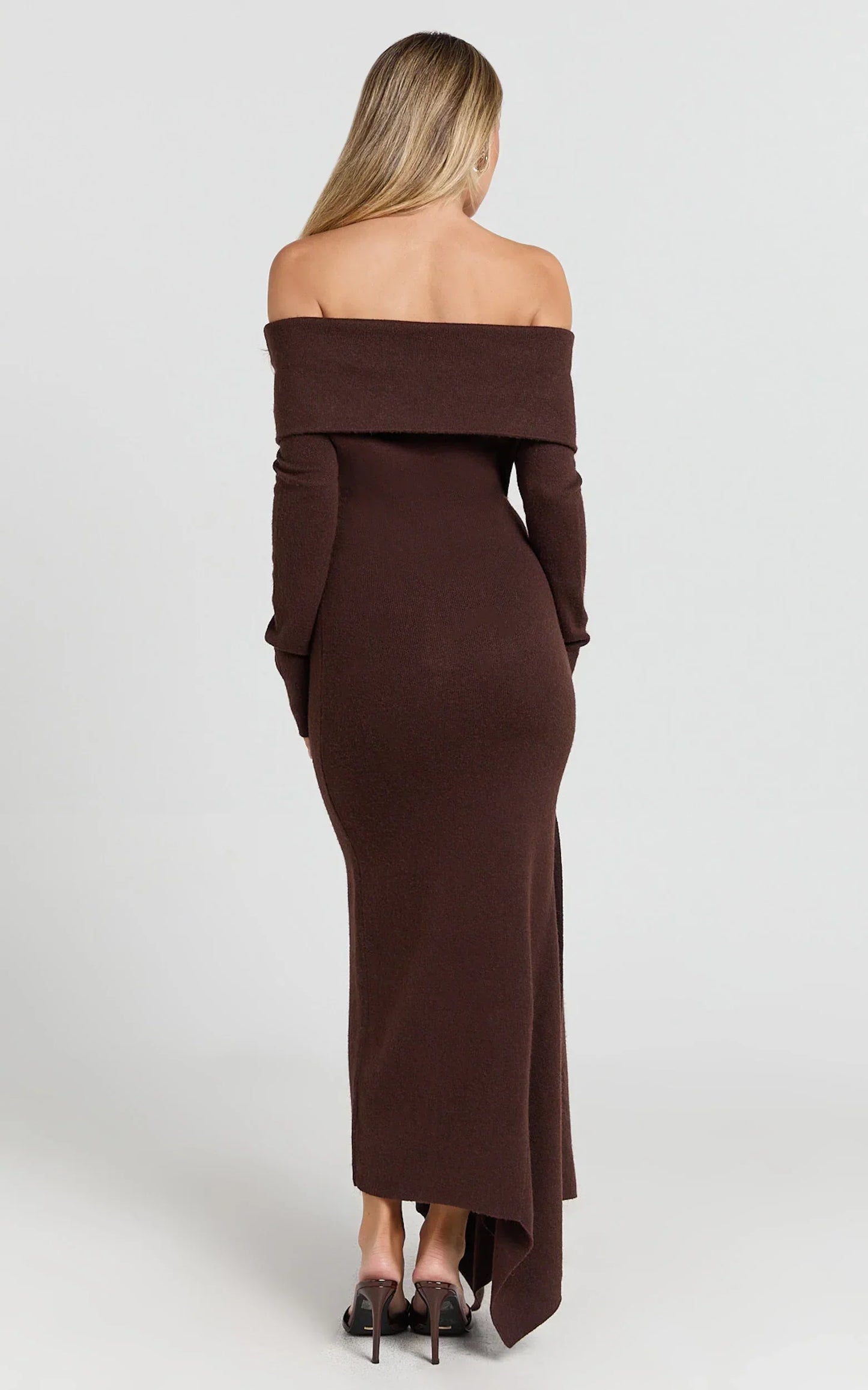 Karina Midi Dress - Long Sleeve Folded Off Shoulder Asymmetric Dress In Chocolate