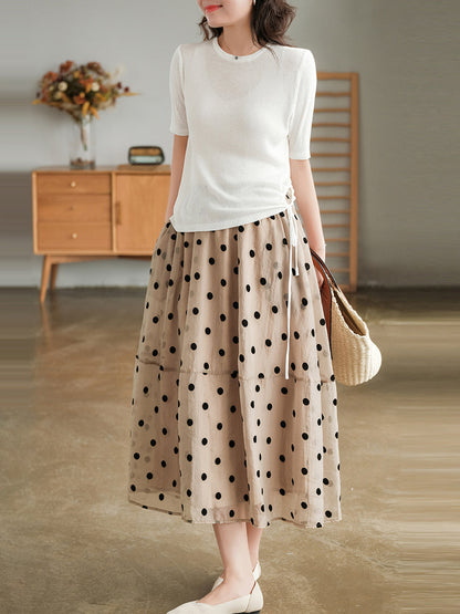 Dot Double Layers Casual Elastic Waist Skirt