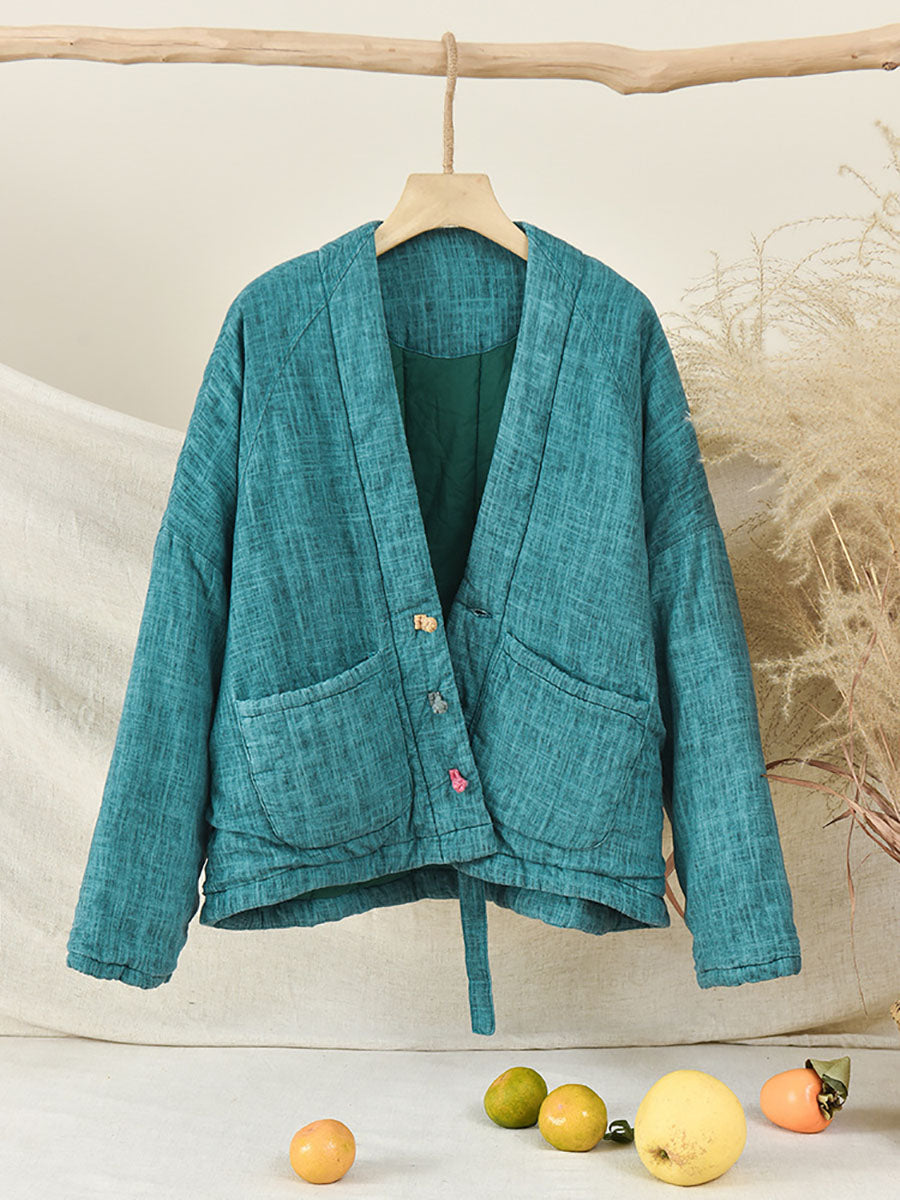 Women Winter Artsy Worn Solid Button Pocket Linen Coat