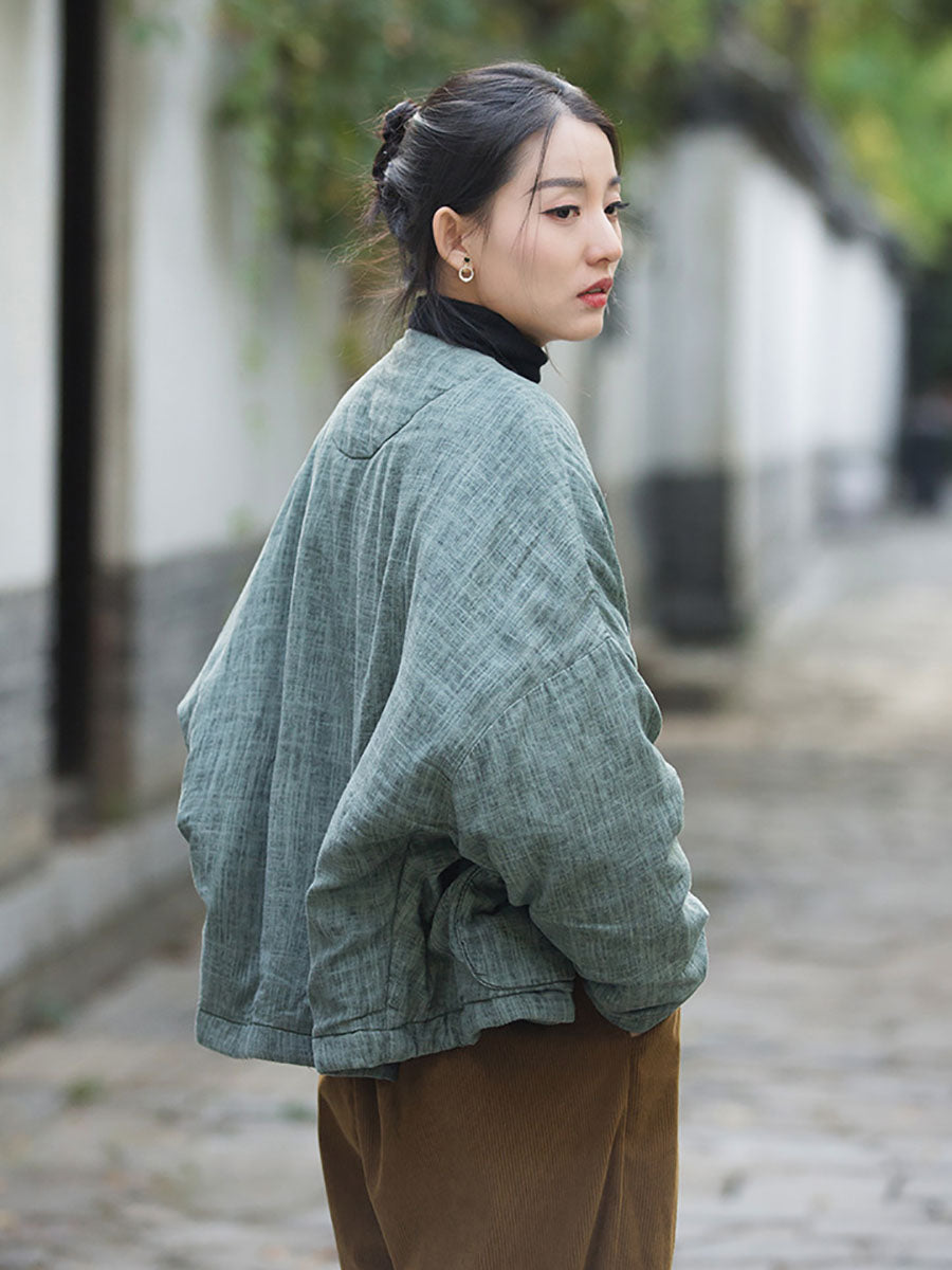 Women Winter Artsy Worn Solid Button Pocket Linen Coat