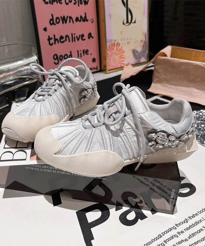 Pink Canvas Lace Up Zircon Splicing Flat Shoes For Women