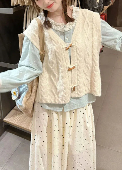 Bohemian Beige V Neck Knit Waistcoat Shirts And Skirt Tress Piece Set Fall