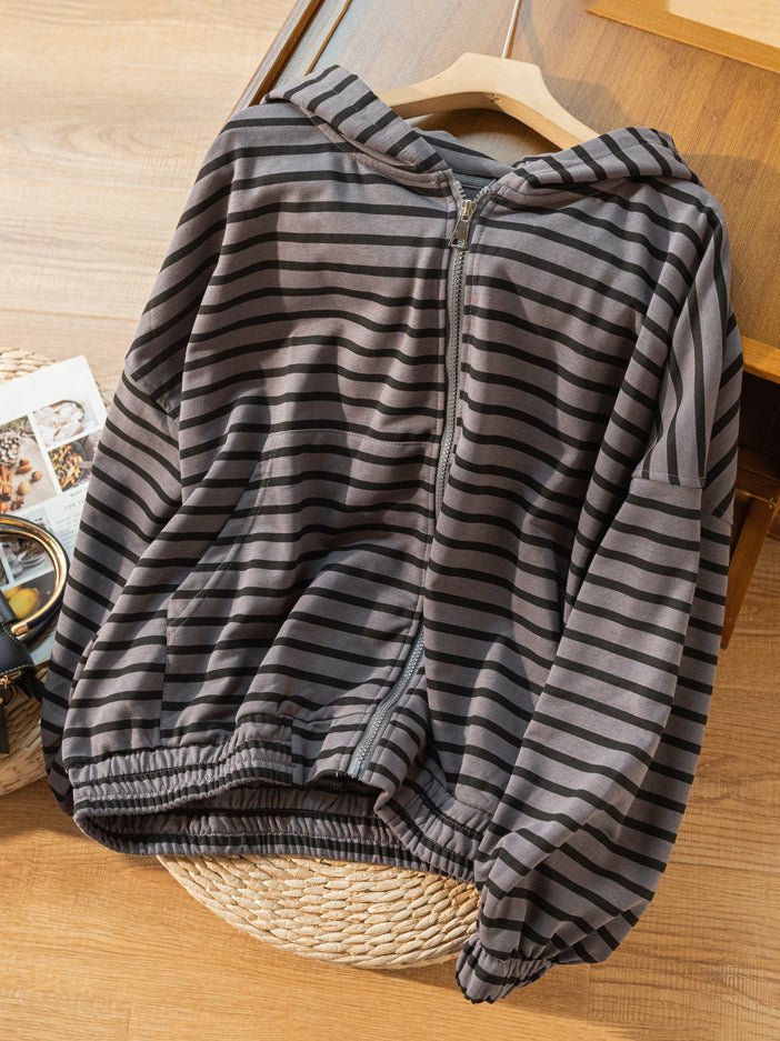 100% Natural Material Striped Zipper Literary Retro Hoodie Coat