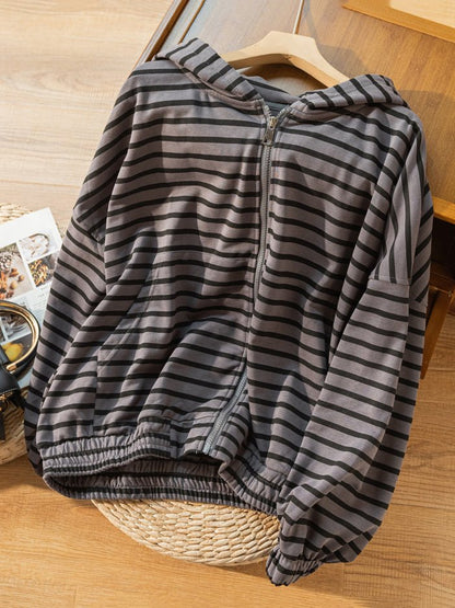 100% Natural Material Striped Zipper Literary Retro Hoodie Coat
