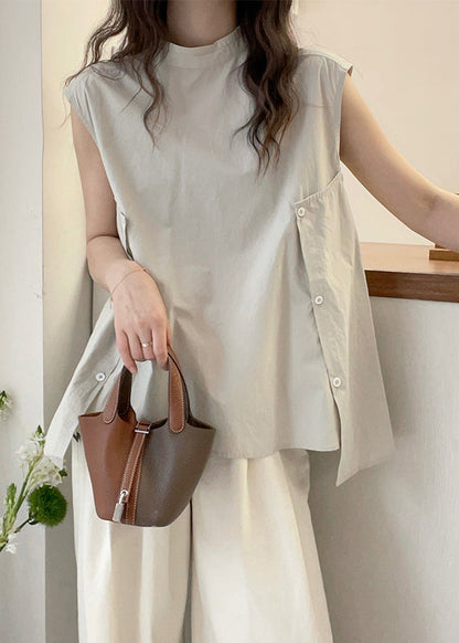 Women Apricot Stand Collar Asymmetrical T Shirt Short Sleeve