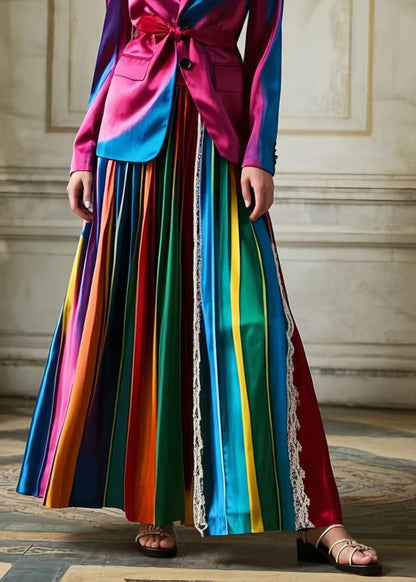Bohemian Polychrome Striped Patchwork Lace Silk Pleated Skirt Spring