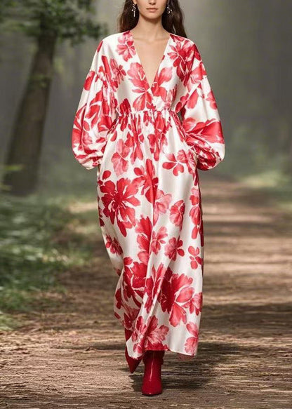 Fashion Red V Neck Print Pockets Silk Maxi Dresses Spring