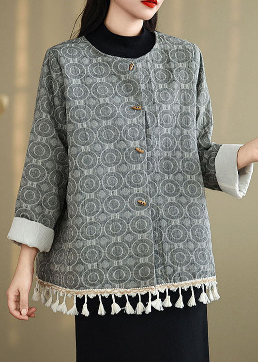 Chinese Style O-Neck Tassel Jacquard Cotton Coat Spring