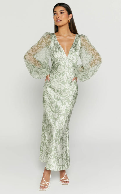 Freollyn Midi Dress - Deep V Neck Long Sleeve Dress In Sage