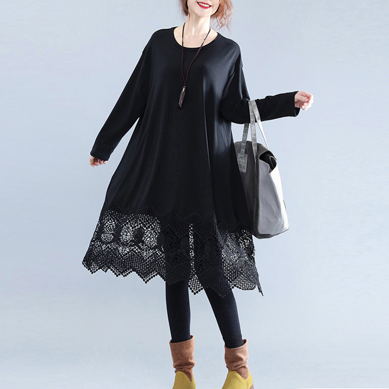 Fine Black Cotton Dresses Casual Cotton Clothing Dresses Fine Lace Ruffles Long Sleeve Cotton Dresses