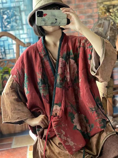 Women Floral Cotton Vintage Loose Waist Coat