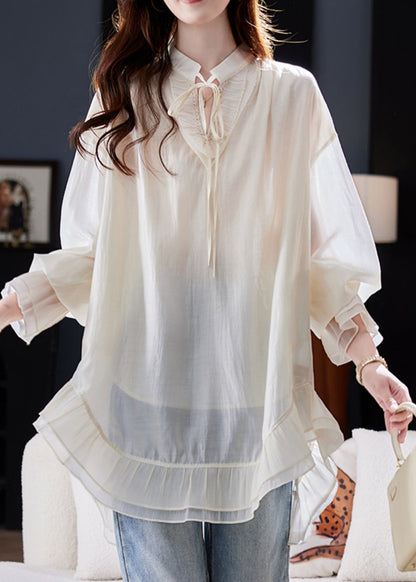Elegant Apricot Patchwork Tie Lace Apricot Chiffon Shirt Flare Sleeve