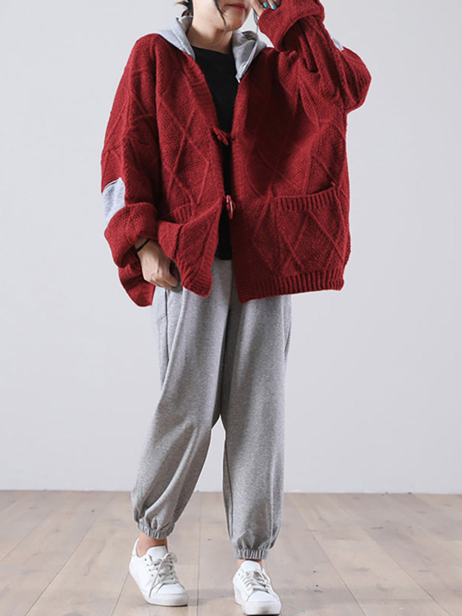 Plus Size - Hooded Knitted Pocket Patchwork Sweater Coat