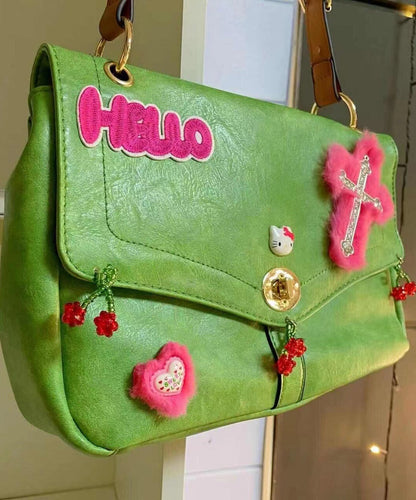 Fine Green Embroidery Fuzzy Decorated Faux Leather Satchel Handbag