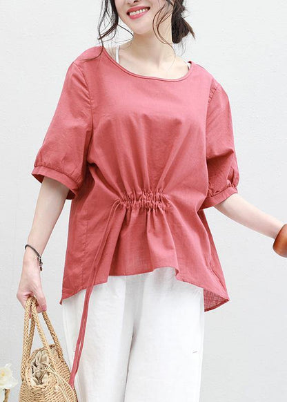 Bohemian half sleeve linen tunic top red drawstring loose top summer