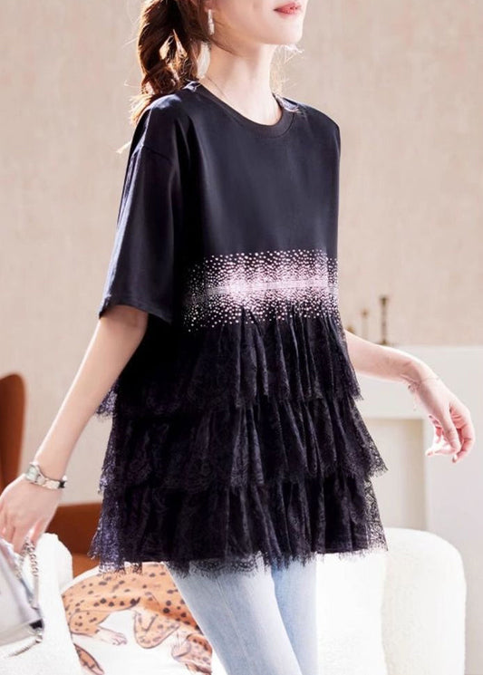 Plus Size Black Zircon Lace Patchwork Cotton T Shirt Summer