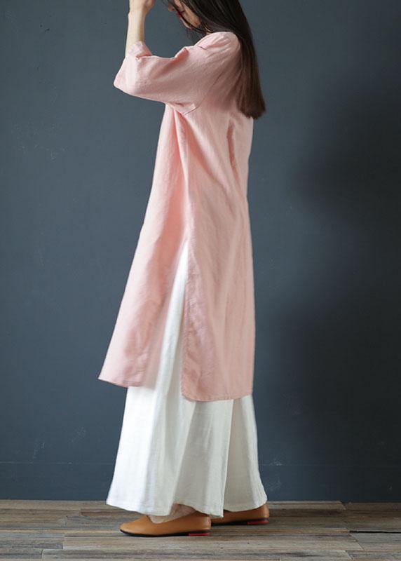 Classy o neck side open linen dress design light print Dresses