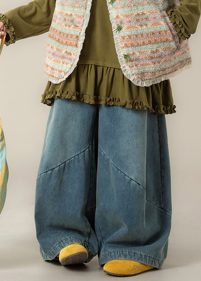 Casual Blue Pockets Denim Wide Leg Jeans