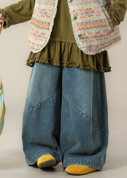 Casual Blue Pockets Denim Wide Leg Jeans