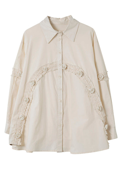 Casual Apricot Peter Pan Collar Ruffled Patchwork Cotton Shirt Spring