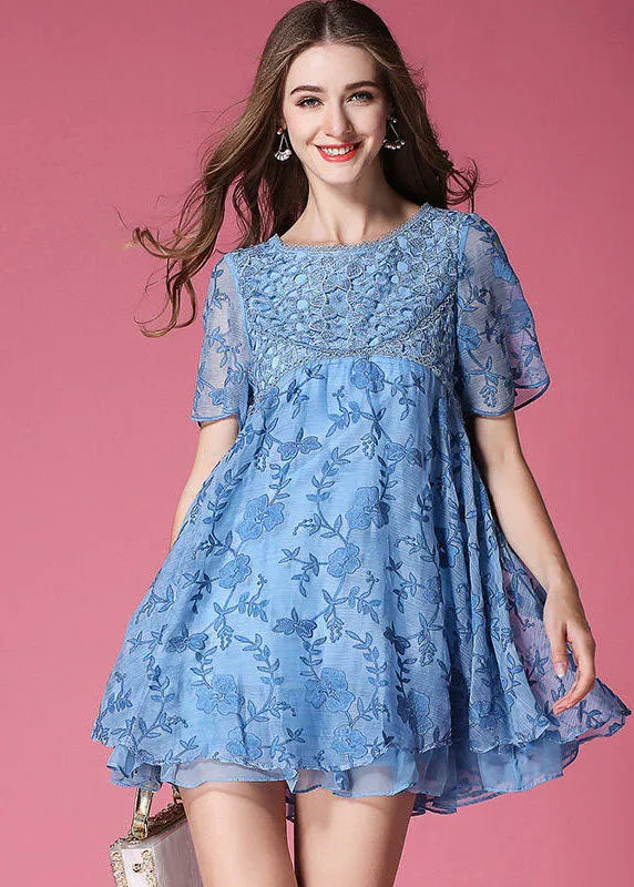 Modern Blue O-Neck Embroideried Organza Dresses Summer