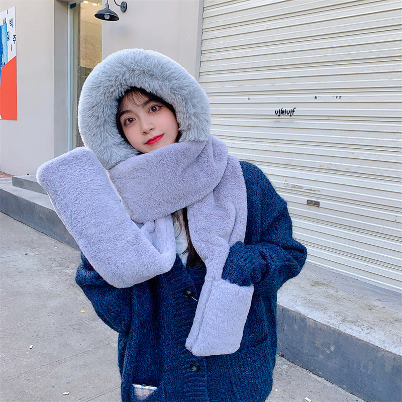 Women Winter Solid Plush Scarf Warm Hat