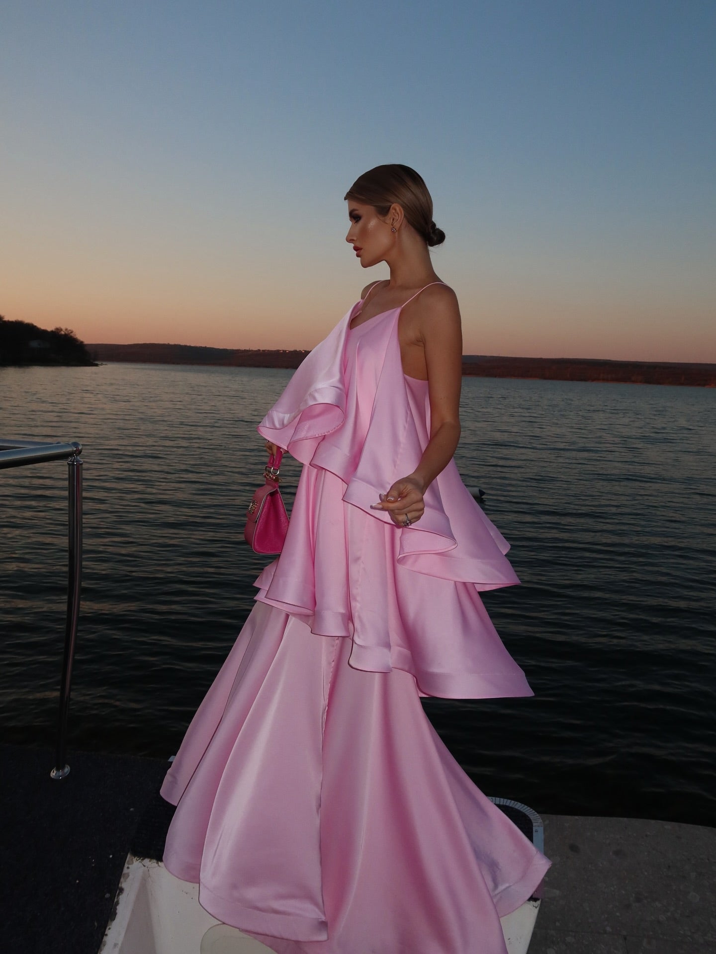 Pink Satin V-Neck Spaghetti Strap Tiered Ruffle Maxi Evening Gown