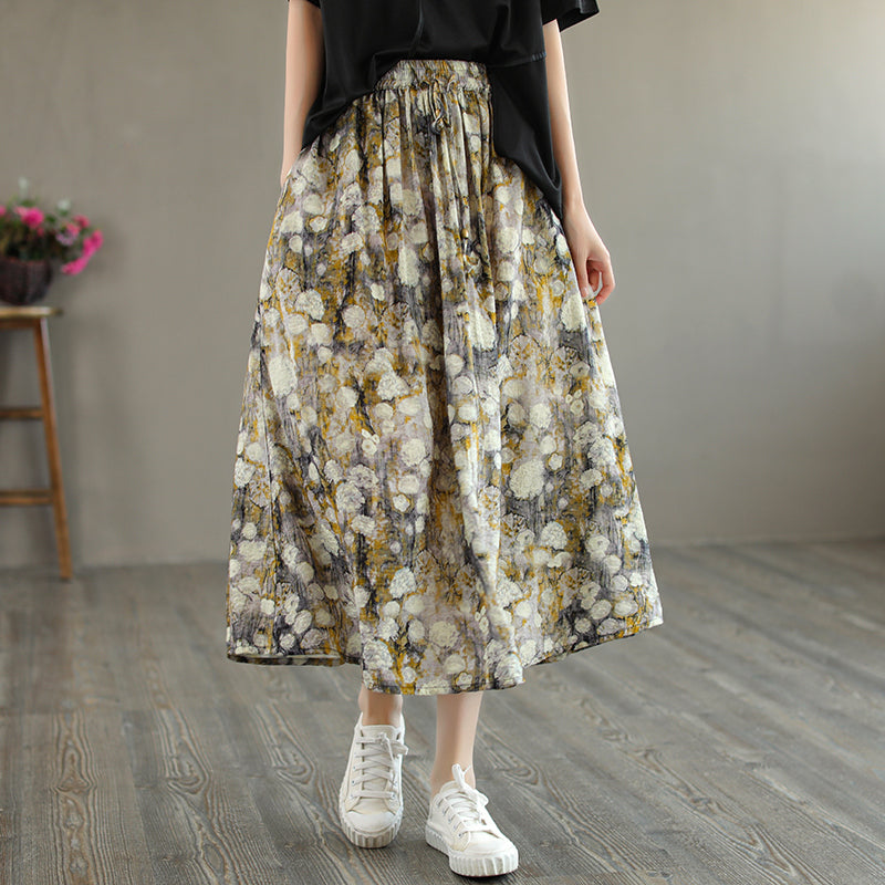 Cozy Linen Retro Loose Floral Printed A-Line Skirt